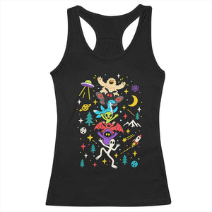 Stack Totem Cryptids Graphic Racerback Tank Top Bigfoot Mothman Alien Loch Ness Dragon Space Galaxy Weirdcore Halloween