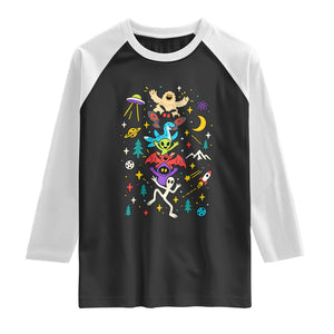 Stack Totem Cryptids Graphic Raglan Shirt Bigfoot Mothman Alien Loch Ness Dragon Space Galaxy Weirdcore Halloween