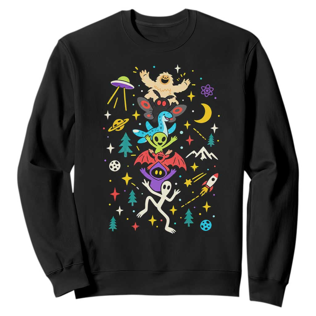 Stack Totem Cryptids Graphic Sweatshirt Bigfoot Mothman Alien Loch Ness Dragon Space Galaxy Weirdcore Halloween