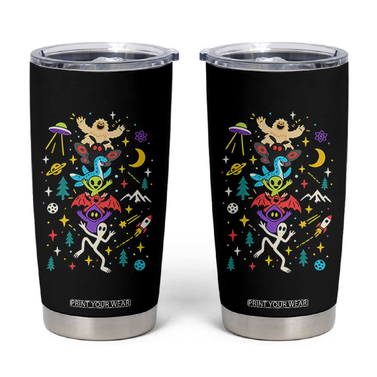 Stack Totem Cryptids Graphic Tumbler Cup Bigfoot Mothman Alien Loch Ness Dragon Space Galaxy Weirdcore Halloween