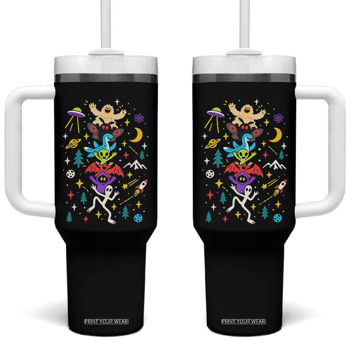 Stack Totem Cryptids Graphic Tumbler With Handle Bigfoot Mothman Alien Loch Ness Dragon Space Galaxy Weirdcore Halloween