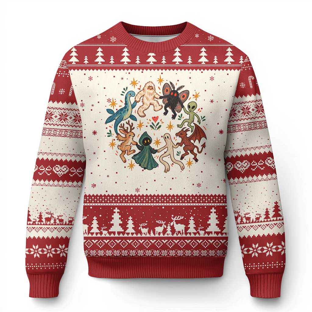 Dancing Cryptids Graphic Ugly Christmas Sweater Bigfoot Mothman Alien Vintage Weirdcore Halloween Gift