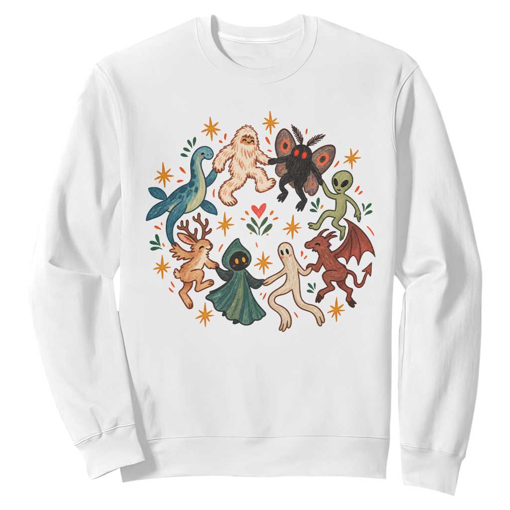 Dancing Cryptids Graphic Sweatshirt Bigfoot Mothman Alien Vintage Weirdcore Halloween Gift