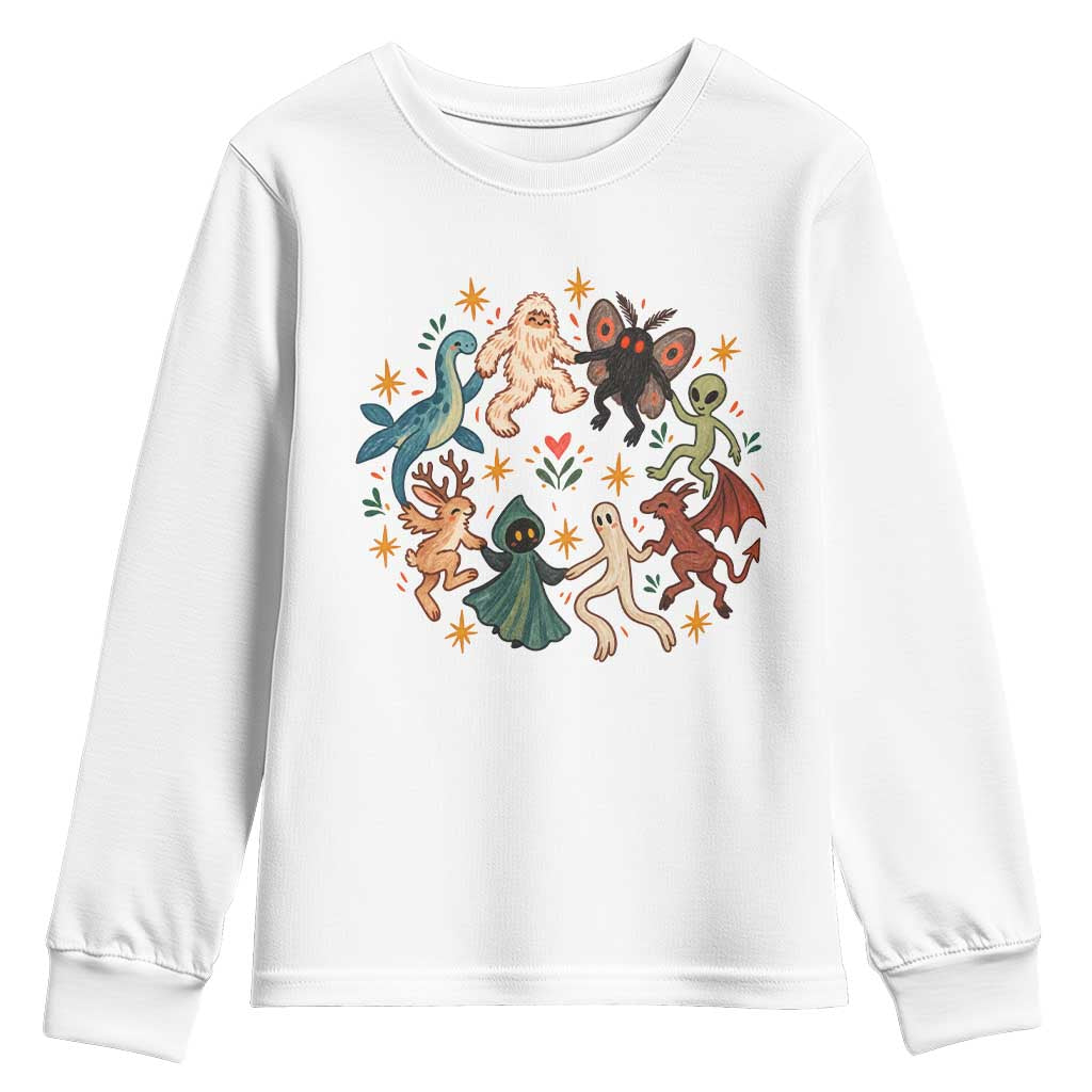 Dancing Cryptids Graphic Youth Sweatshirt Bigfoot Mothman Alien Vintage Weirdcore Halloween Gift
