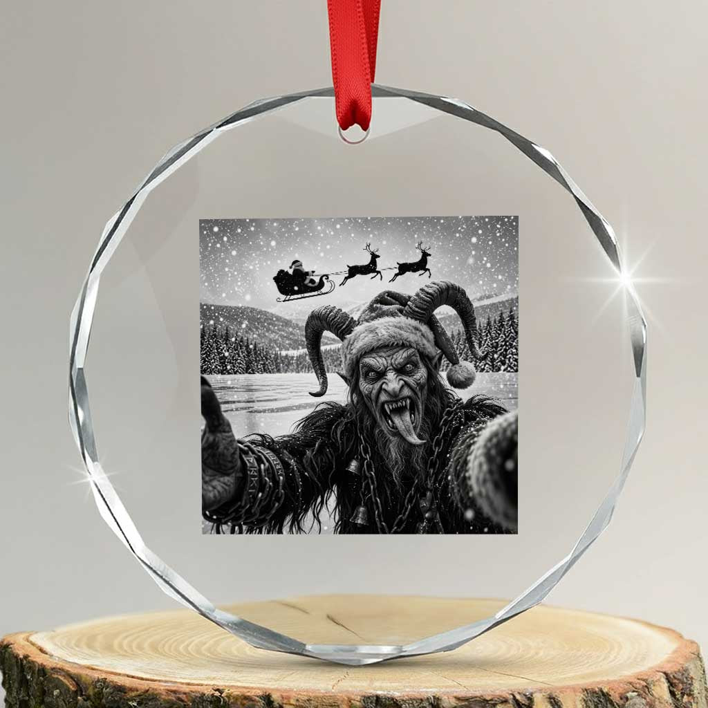 Scary Krampus Photobomb Santa Sleigh Funny Christmas Gothic Dark Fantasy Crystal Glass Ornament