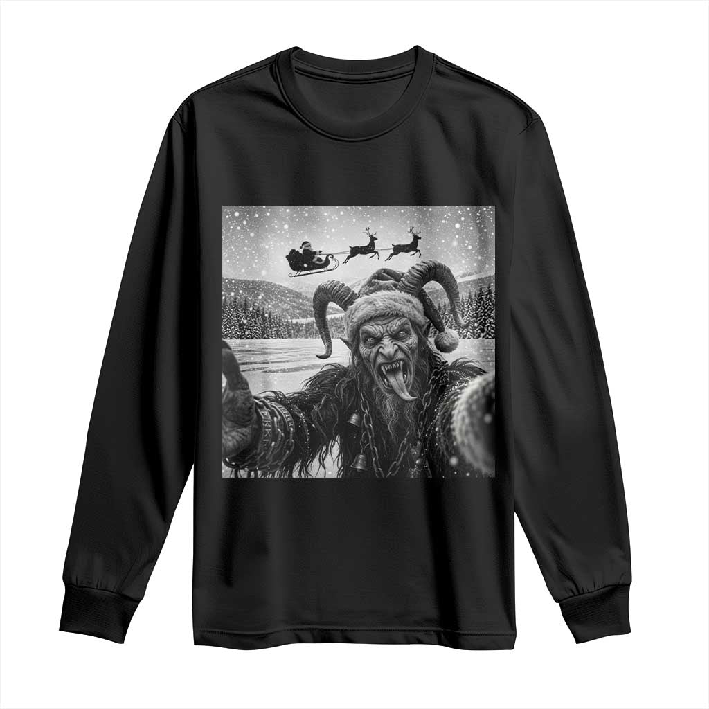 Scary Krampus Photobomb Santa Sleigh Funny Christmas Gothic Dark Fantasy Long Sleeve Shirt
