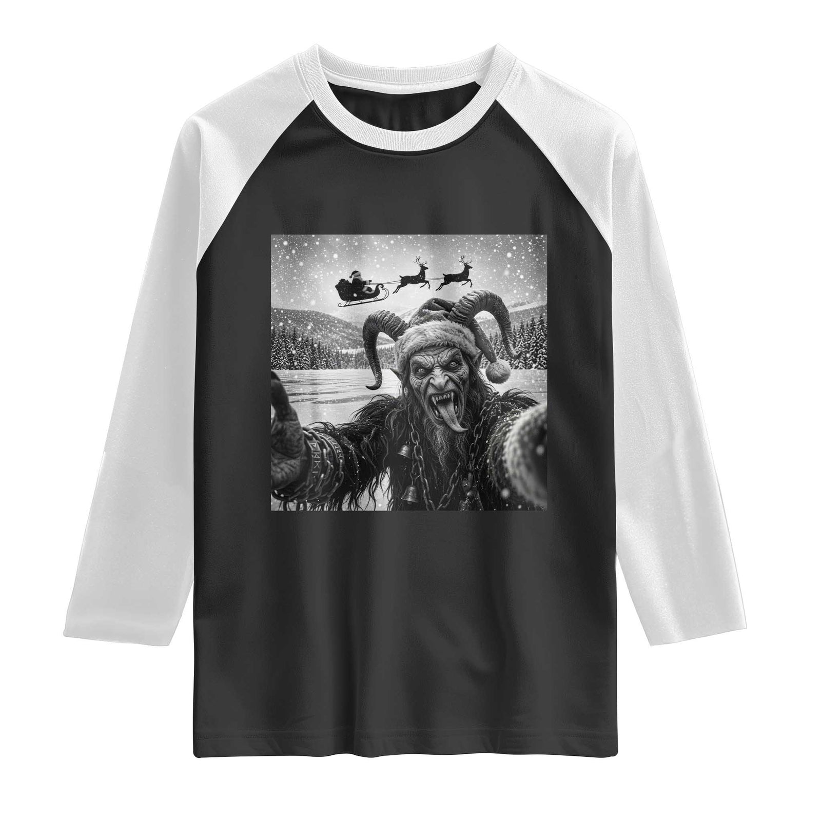 Scary Krampus Photobomb Santa Sleigh Funny Christmas Gothic Dark Fantasy Raglan Shirt