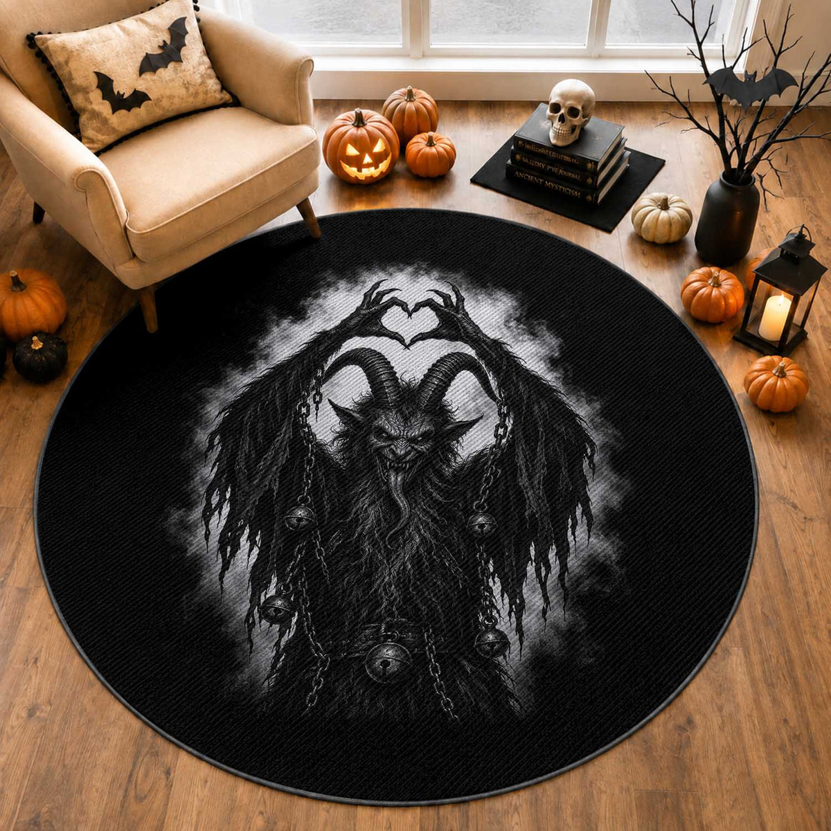 Scary Krampus Making Heart Hands Funny Gothic Horror Christmas Round Rug