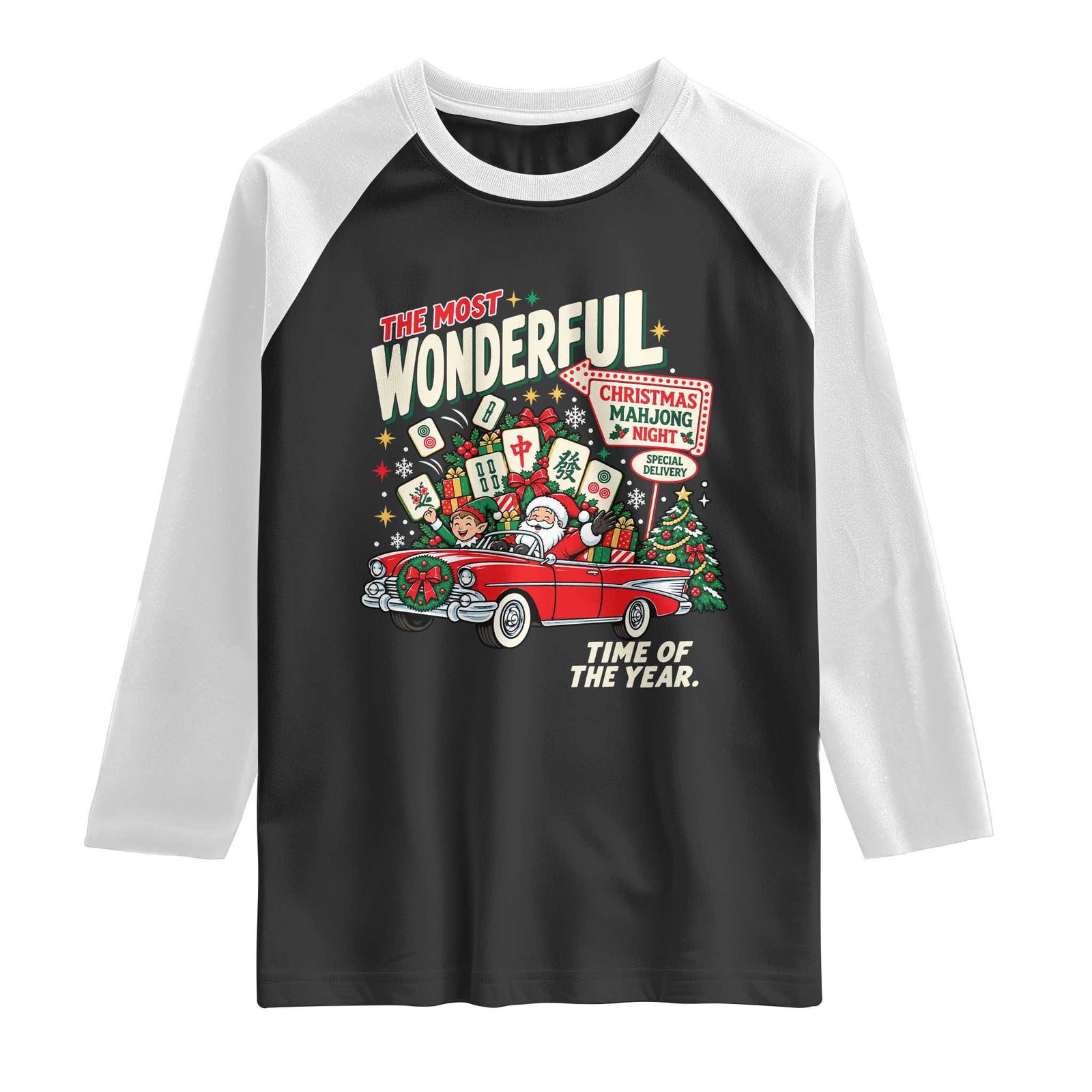 Christmas Mahjong Night Raglan Shirt Vintage Retro Mahj Lovers Santa Elf Holiday Aesthetic