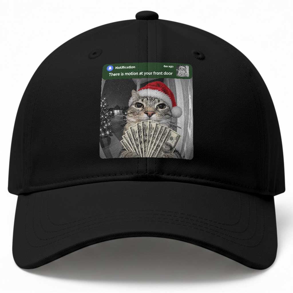 Christmas Cat Motion At Your Front Door Baseball Cap Funny Rich Cat Cash Doorbell Camera Meme