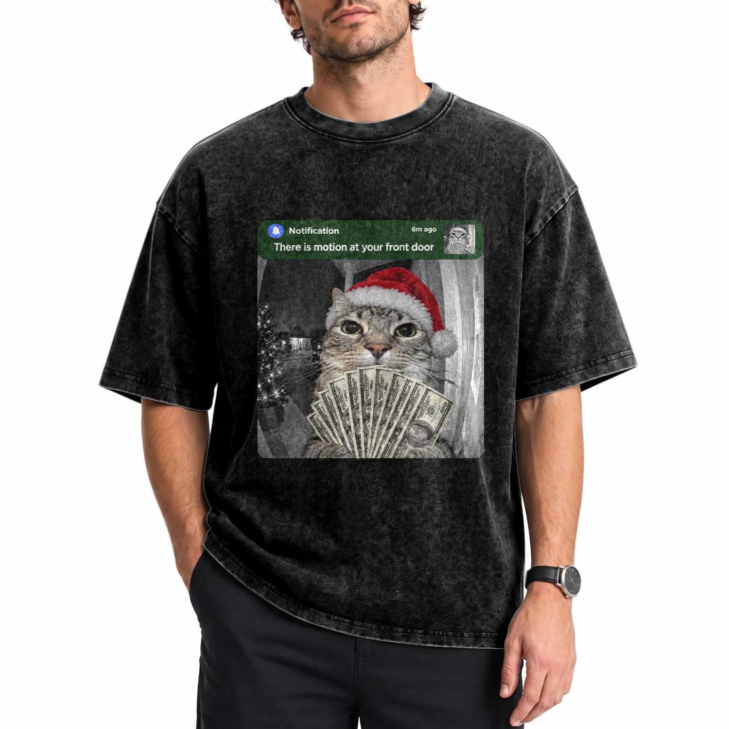 Christmas Cat Motion At Your Front Door Washed Cotton T-Shirt Funny Rich Cat Cash Doorbell Camera Meme