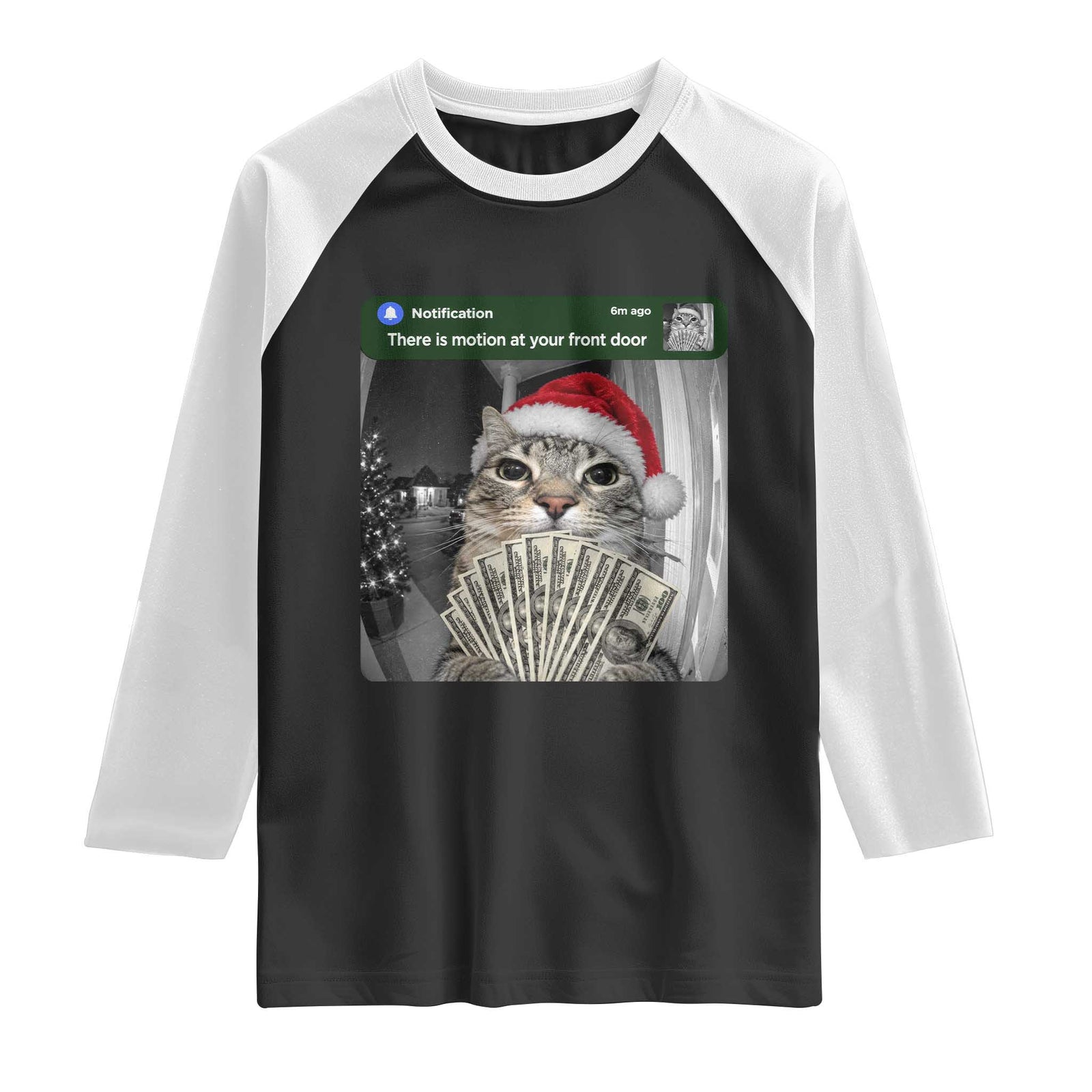 Christmas Cat Motion At Your Front Door Raglan Shirt Funny Rich Cat Cash Doorbell Camera Meme