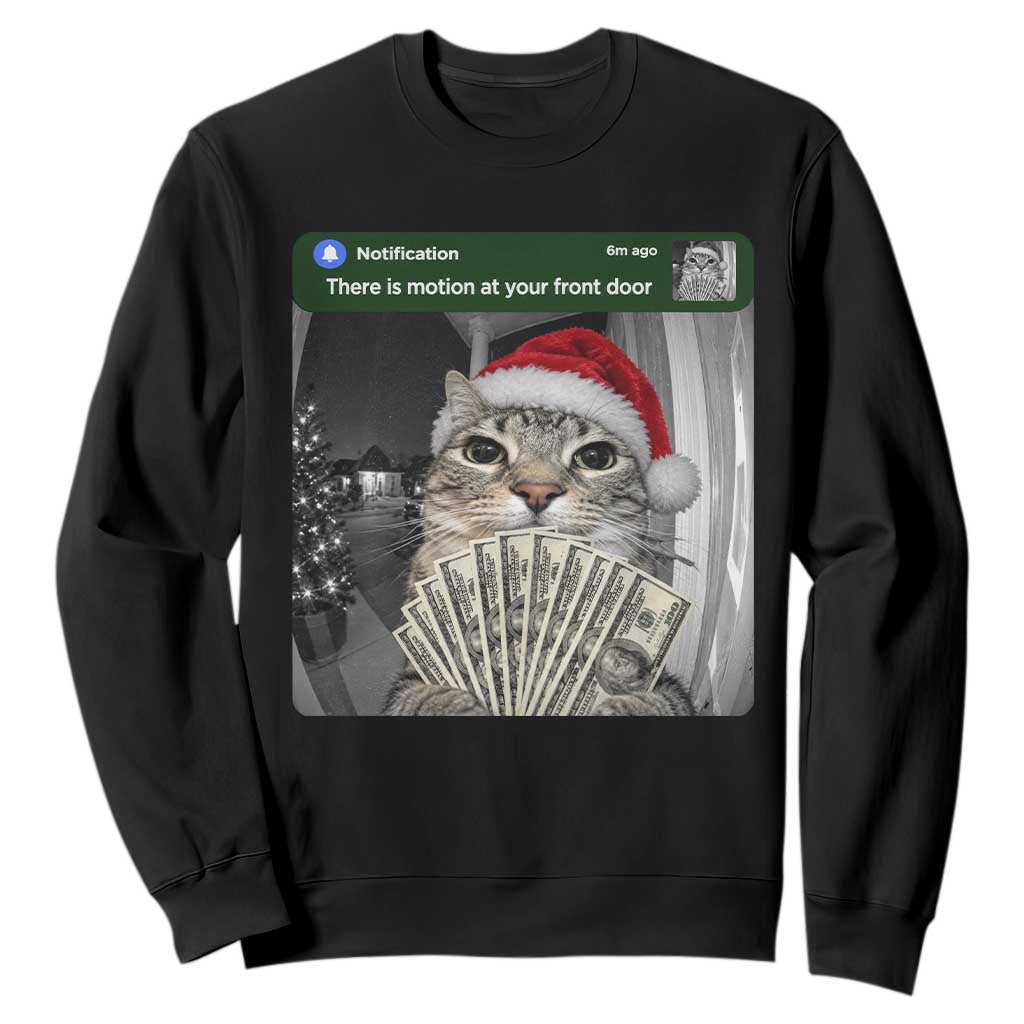 Christmas Cat Motion At Your Front Door Sweatshirt Funny Rich Cat Cash Doorbell Camera Meme
