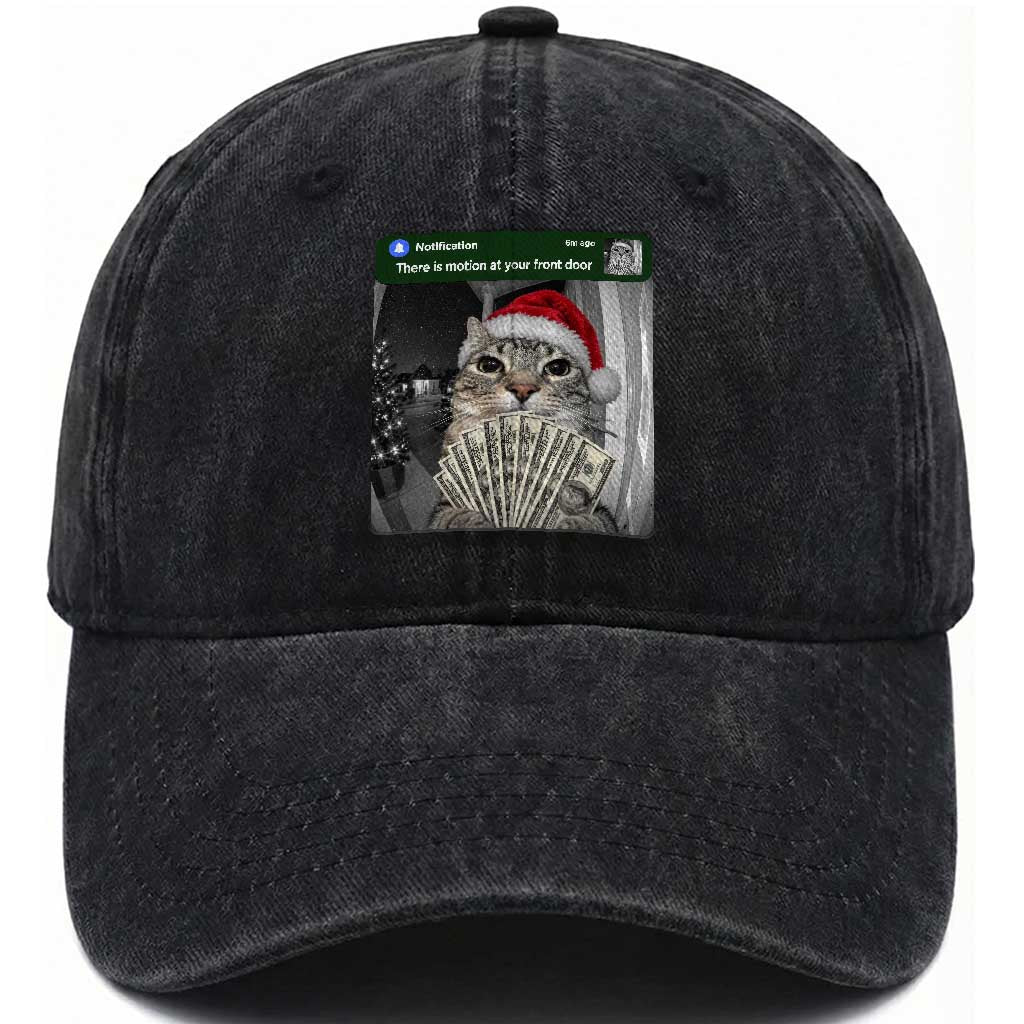 Christmas Cat Motion At Your Front Door Washed Cotton Baseball Cap Funny Rich Cat Cash Doorbell Camera Meme