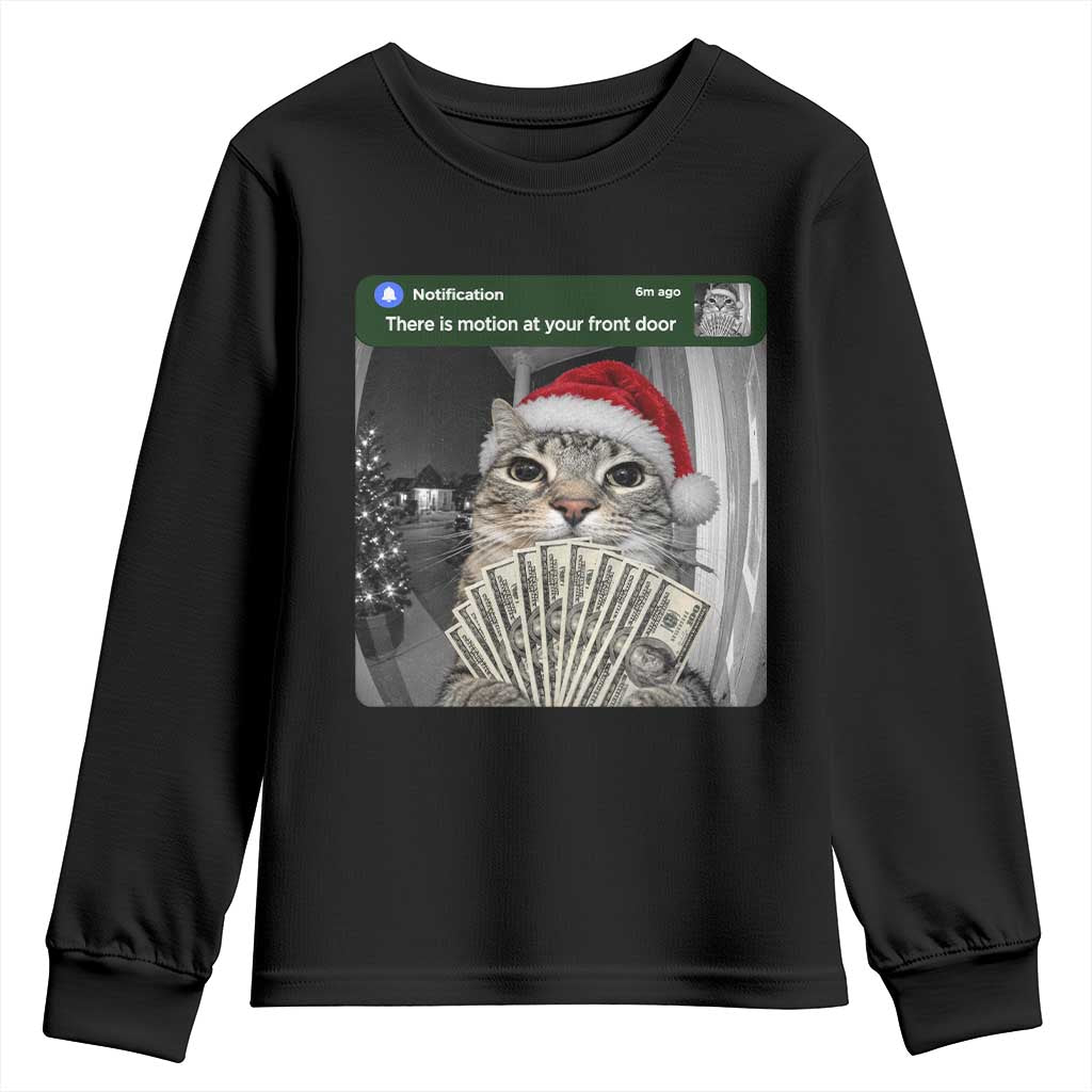 Christmas Cat Motion At Your Front Door Youth Sweatshirt Funny Rich Cat Cash Doorbell Camera Meme