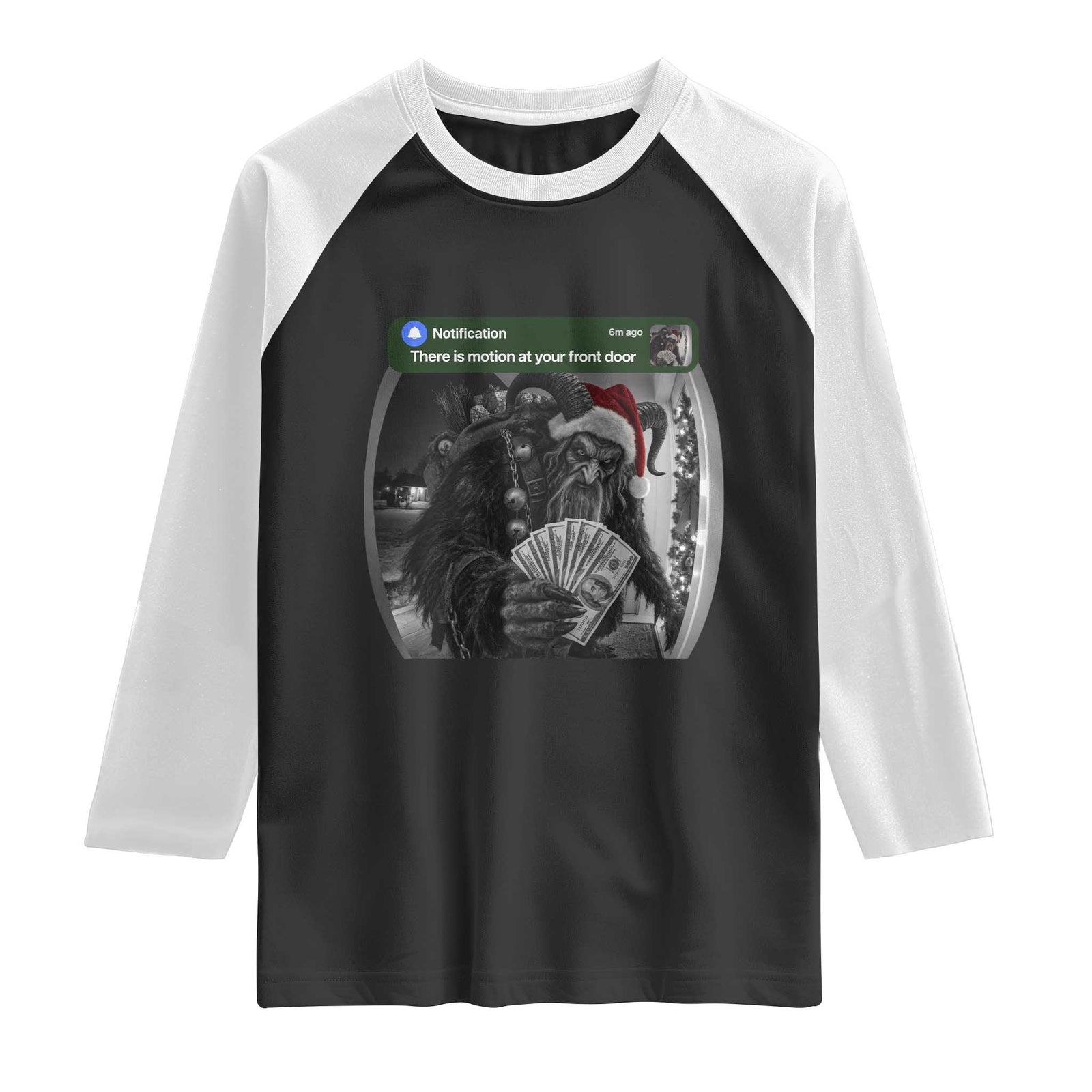 Christmas Krampus Motion At Your Front Door Raglan Shirt Funny Rich Krampus Cash Doorbell Camera Meme
