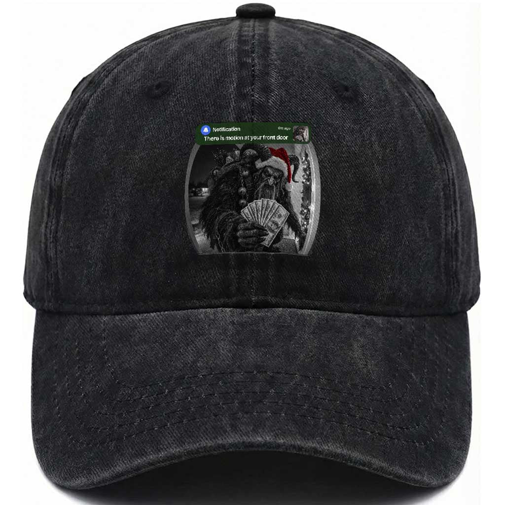 Christmas Krampus Motion At Your Front Door Washed Cotton Baseball Cap Funny Rich Krampus Cash Doorbell Camera Meme