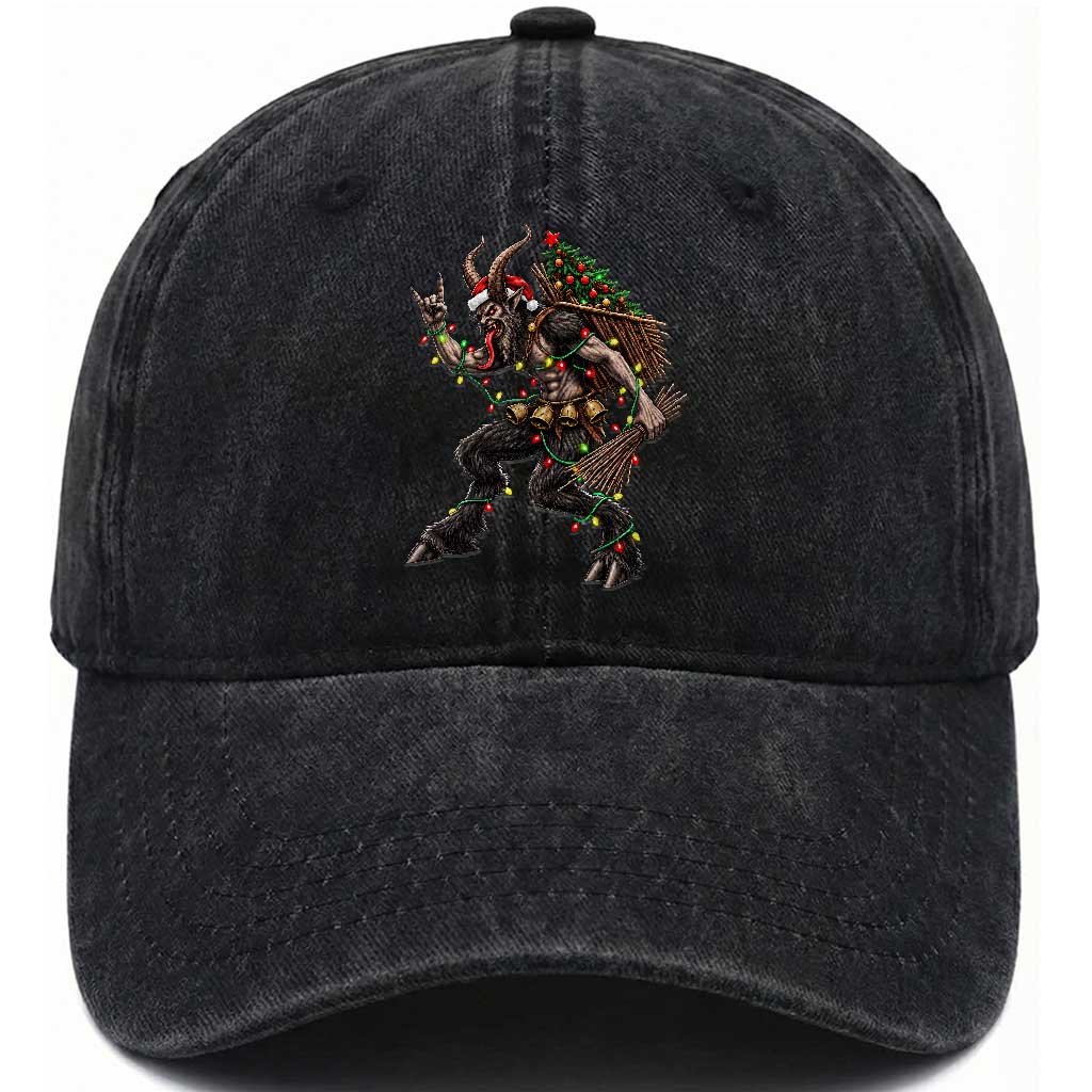 Christmas Krampus Rock On Washed Cotton Baseball Cap Vintage Heavy Metal Dark Fantasy Alpine Monster Creepmas