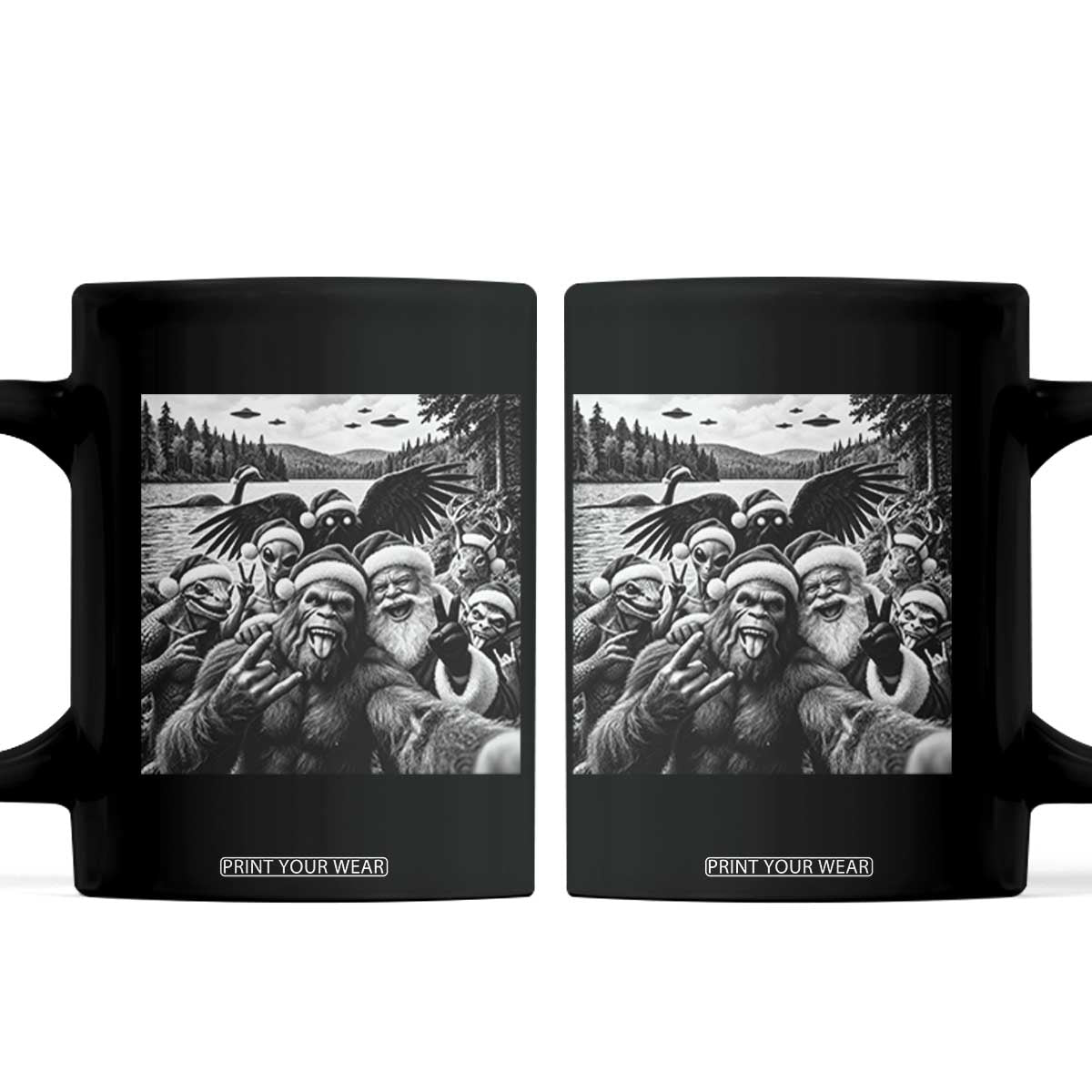 Christmas Cryptid Selfie Coffee Mug Bigfoot Santa Alien Mothman Nessie Holiday