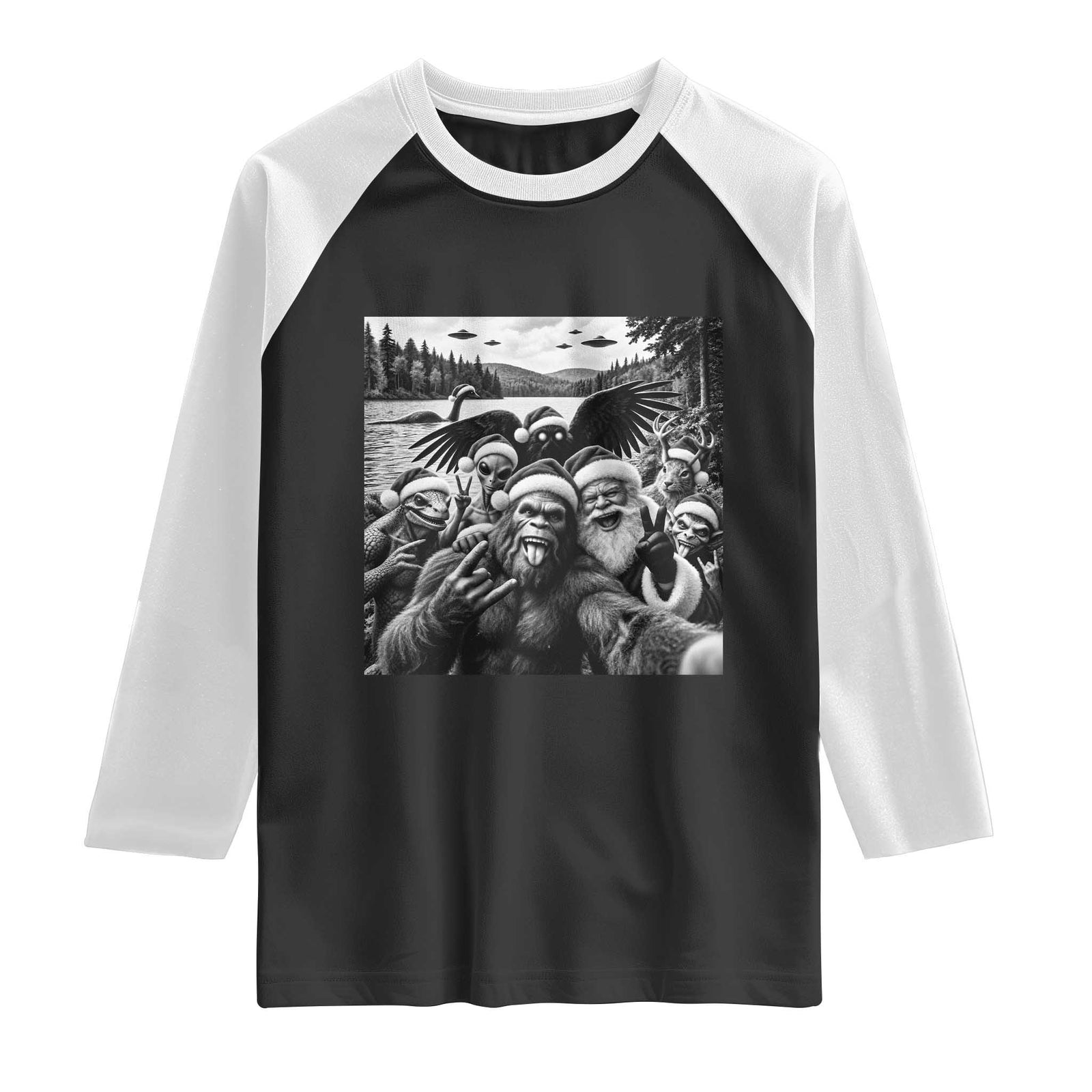Christmas Cryptid Selfie Raglan Shirt Bigfoot Santa Alien Mothman Nessie Holiday