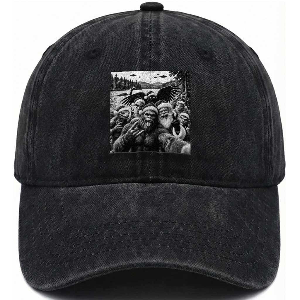 Christmas Cryptid Selfie Washed Cotton Baseball Cap Bigfoot Santa Alien Mothman Nessie Holiday