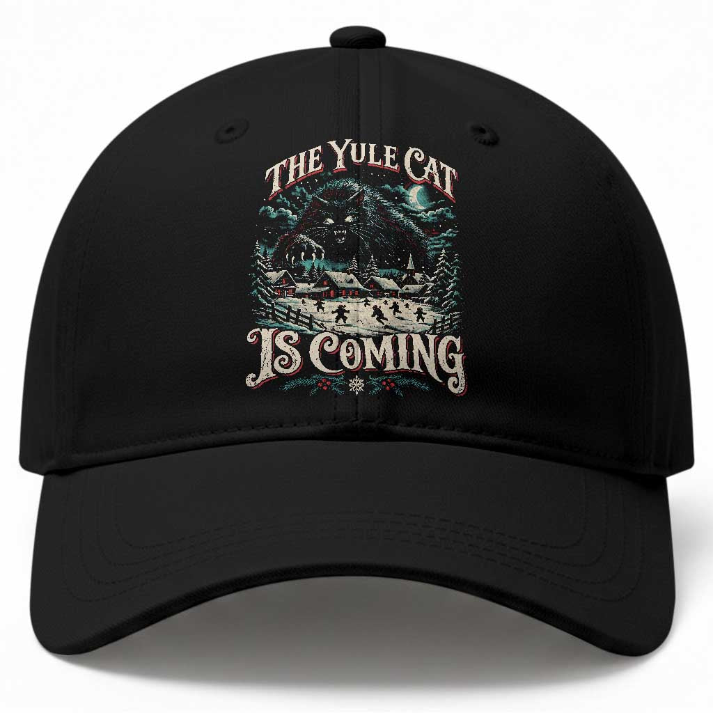 Christmas Horror Yule Cat Is Coming Baseball Cap Dark Fantasy Icelandic Legend Vintage Folklore