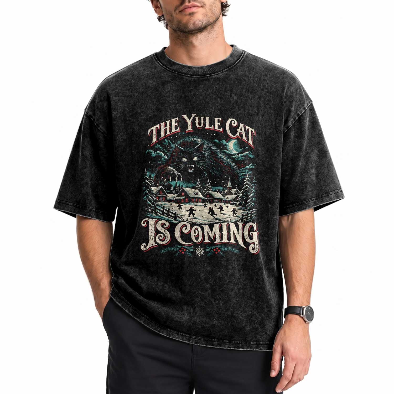 Christmas Horror Yule Cat Is Coming Washed Cotton T-Shirt Dark Fantasy Icelandic Legend Vintage Folklore