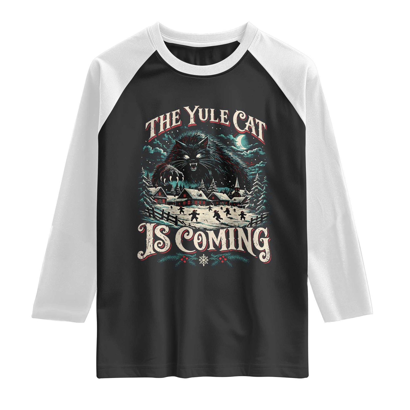Christmas Horror Yule Cat Is Coming Raglan Shirt Dark Fantasy Icelandic Legend Vintage Folklore