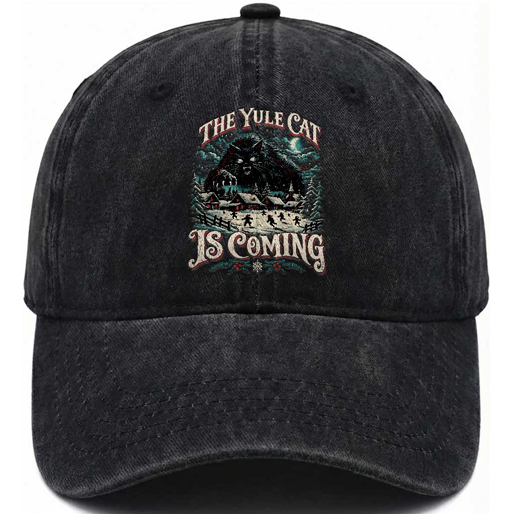 Christmas Horror Yule Cat Is Coming Washed Cotton Baseball Cap Dark Fantasy Icelandic Legend Vintage Folklore