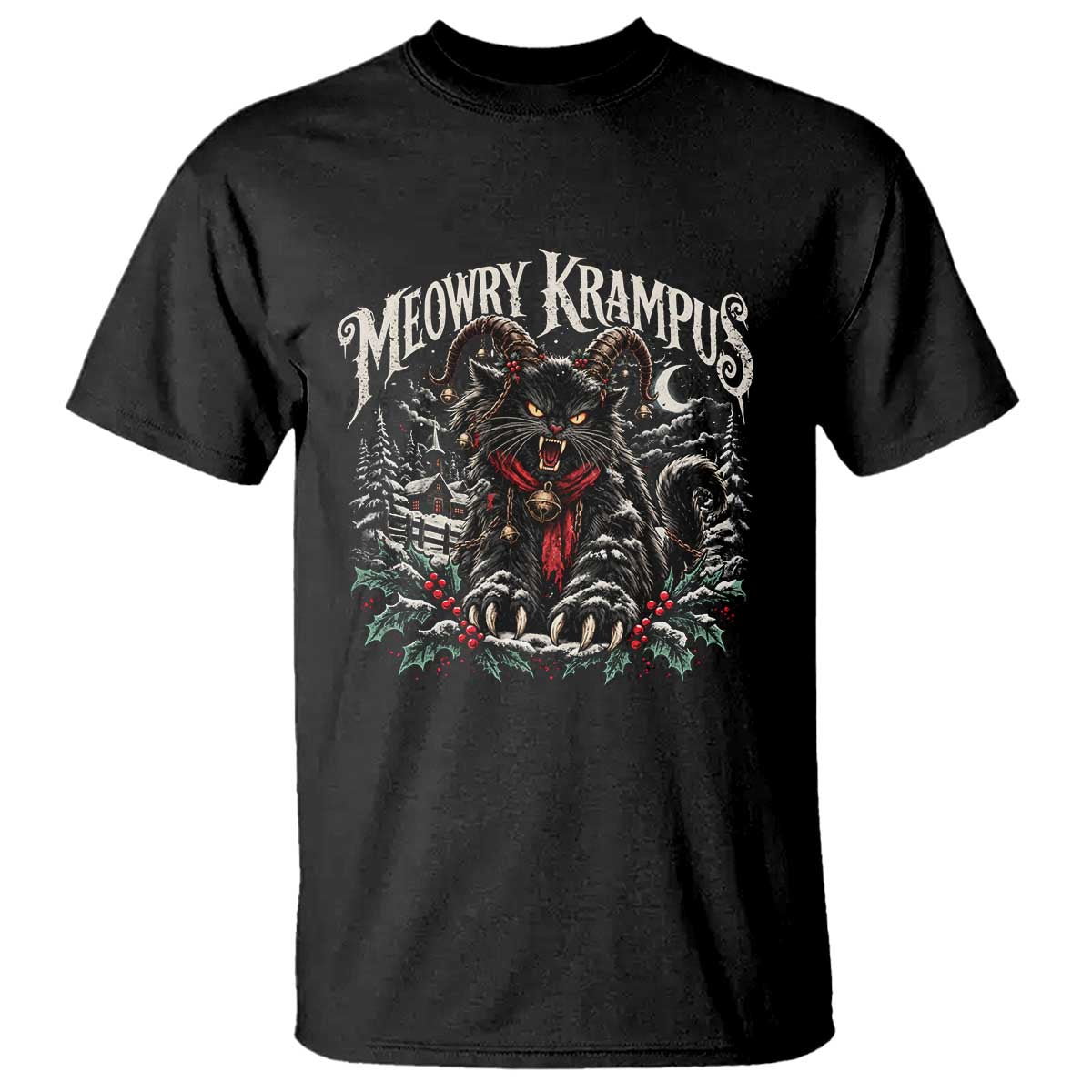 Meowry Krampus Christmas Black Cat T Shirt Holiday Season Spooky Dark Fantasy Holiday Aesthetic