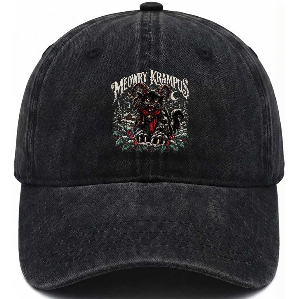 Meowry Krampus Christmas Black Cat Washed Cotton Baseball Cap Holiday Season Spooky Dark Fantasy Holiday Aesthetic