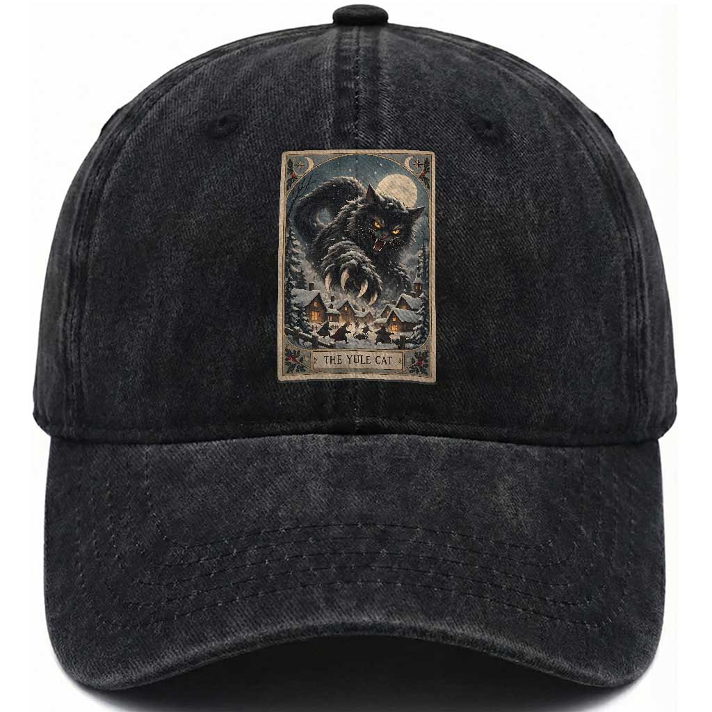 Creepmas Vintage The Yule Cat Tarot Card Dark Christmas Washed Cotton Baseball Cap