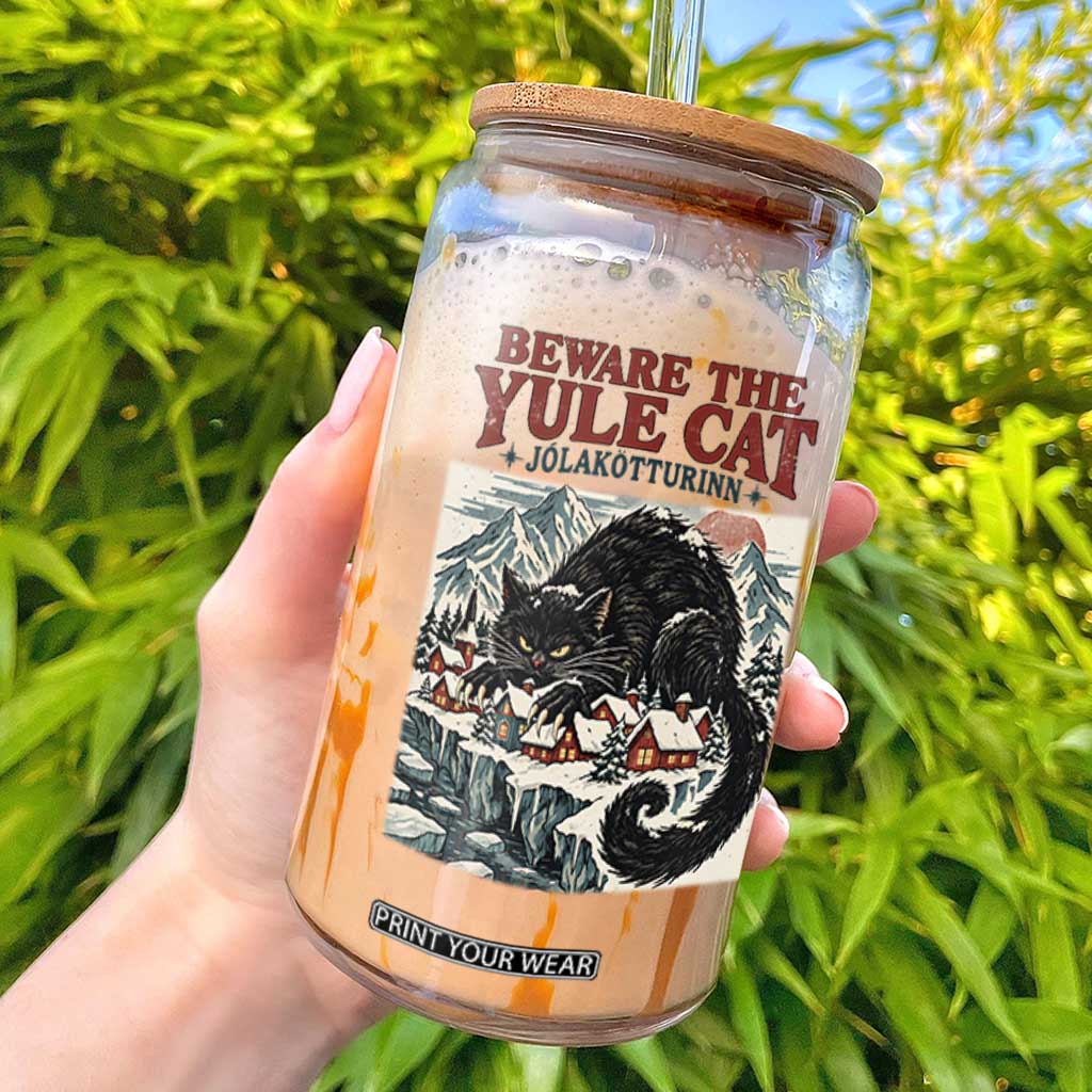 Beware The Yule Cat Christmas Jolakotturinn Glass Can Vintage Icelandic Folklore