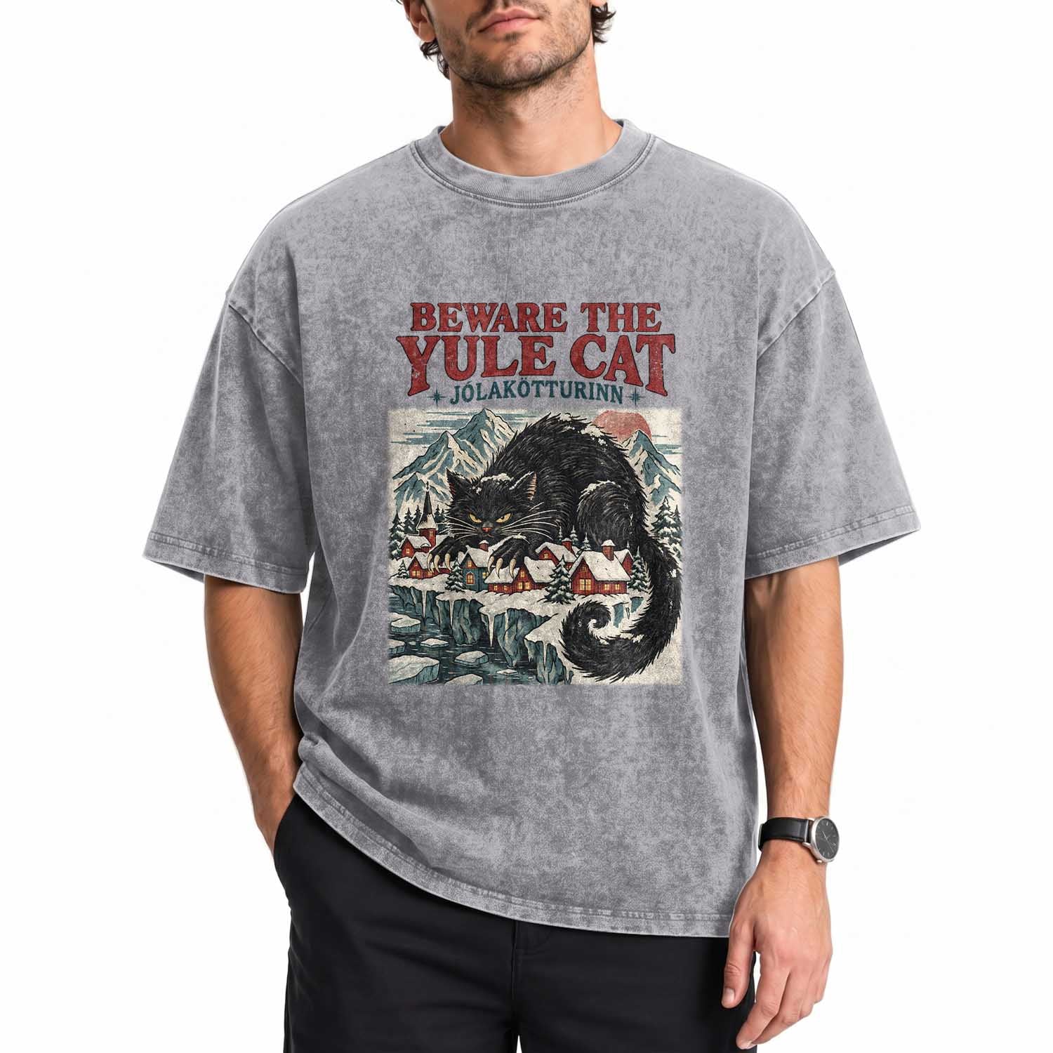 Beware The Yule Cat Christmas Jolakotturinn Washed Cotton T-Shirt Vintage Icelandic Folklore