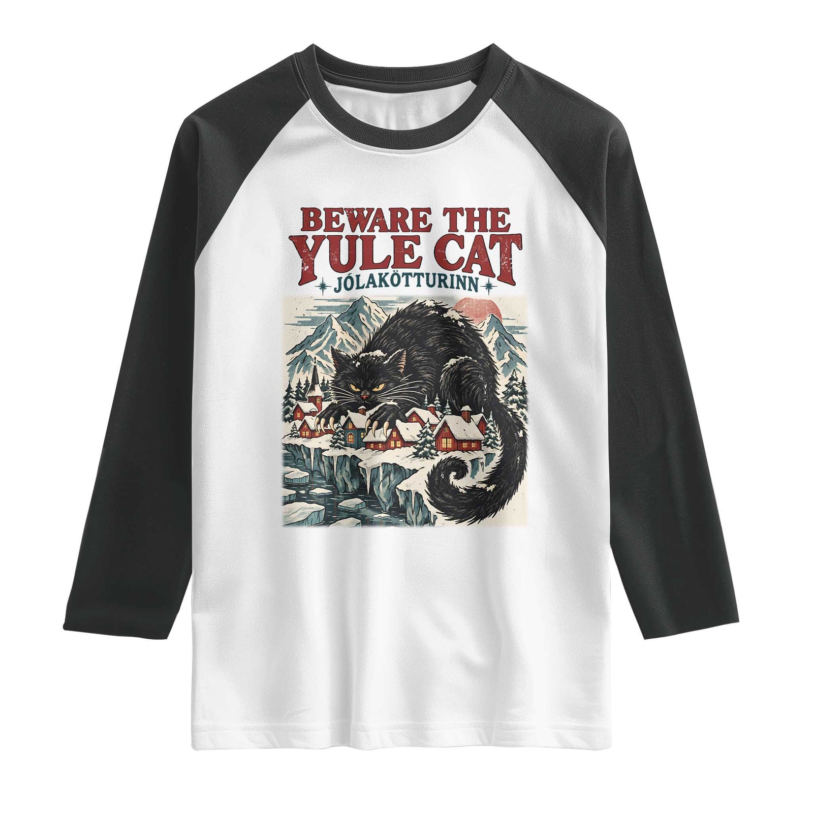 Beware The Yule Cat Christmas Jolakotturinn Raglan Shirt Vintage Icelandic Folklore