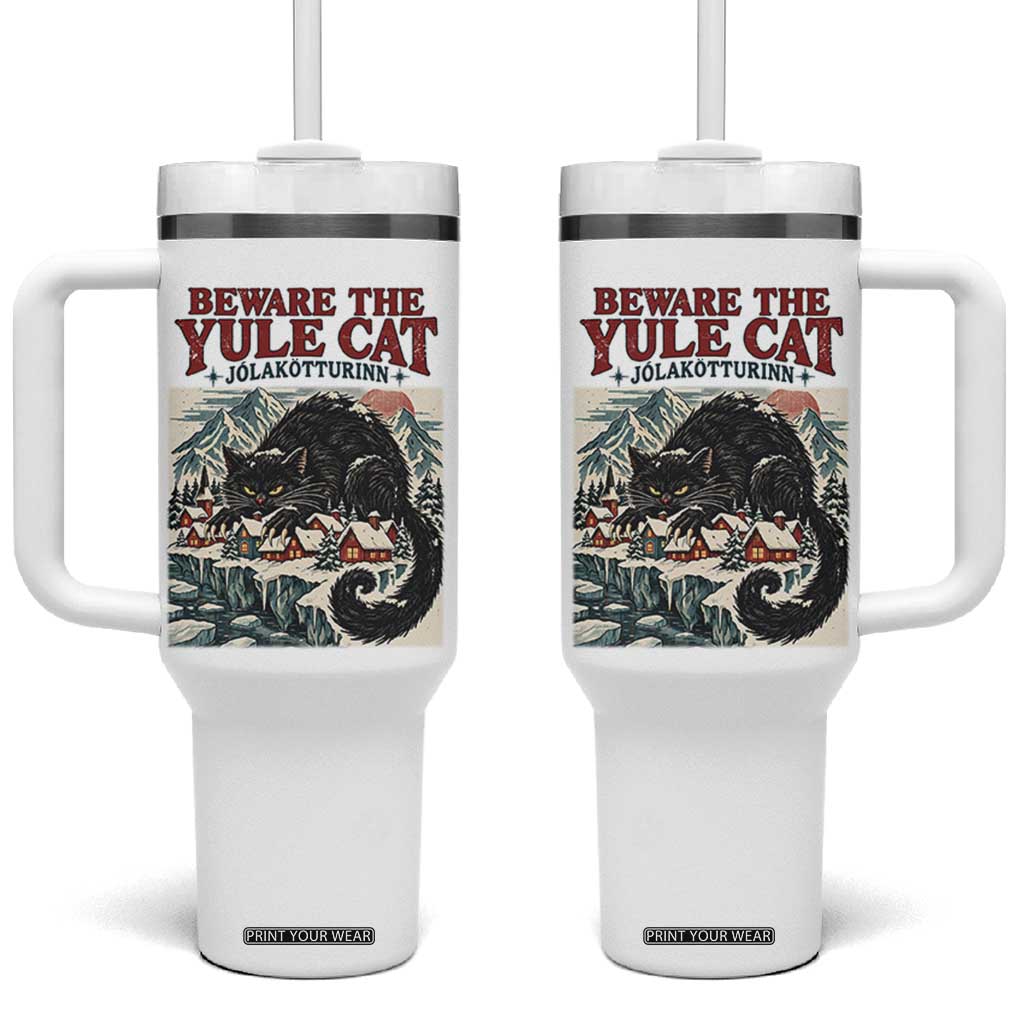Beware The Yule Cat Christmas Jolakotturinn Tumbler With Handle Vintage Icelandic Folklore