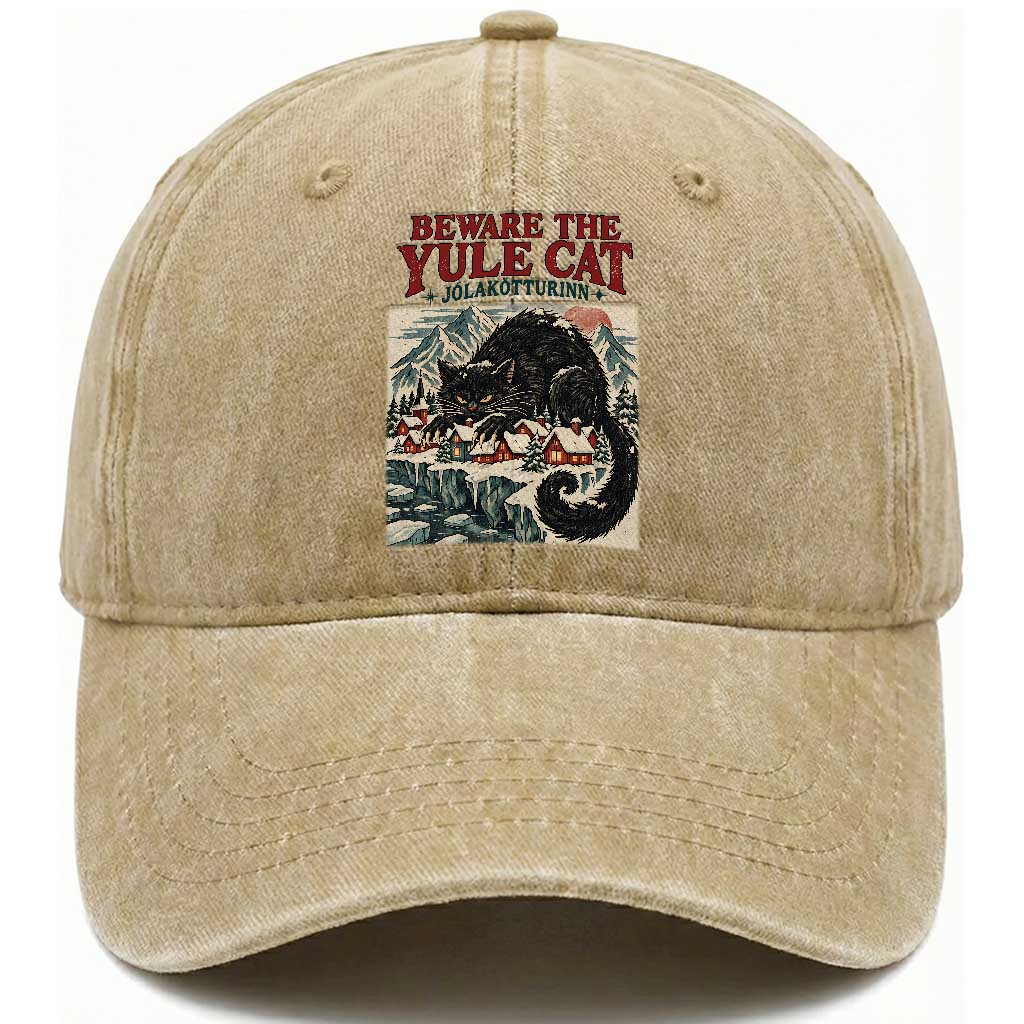 Beware The Yule Cat Christmas Jolakotturinn Washed Cotton Baseball Cap Vintage Icelandic Folklore
