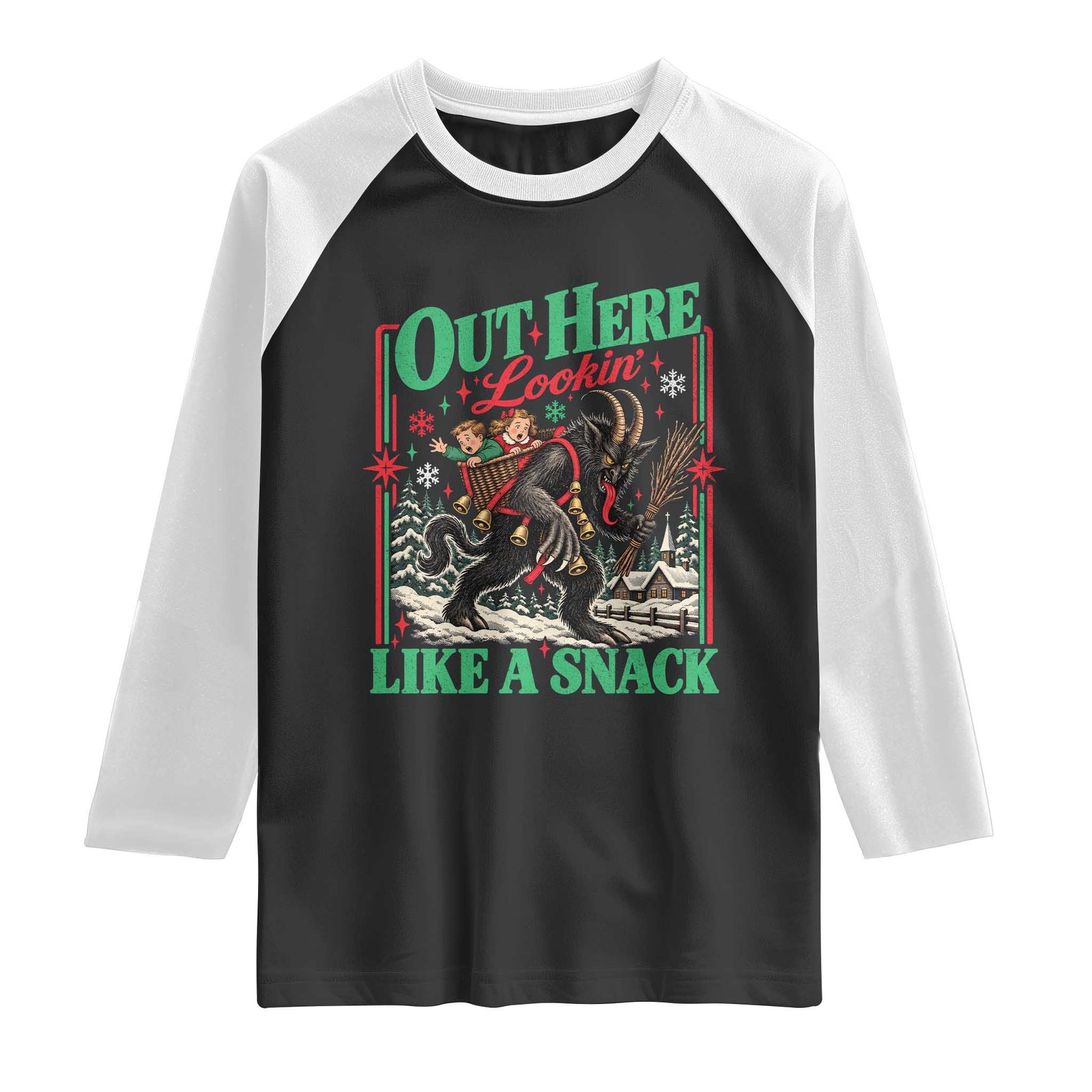 Christmas Krampus Out Here Lookin Like A Snack Raglan Shirt Vintage Creepy Holiday Humor