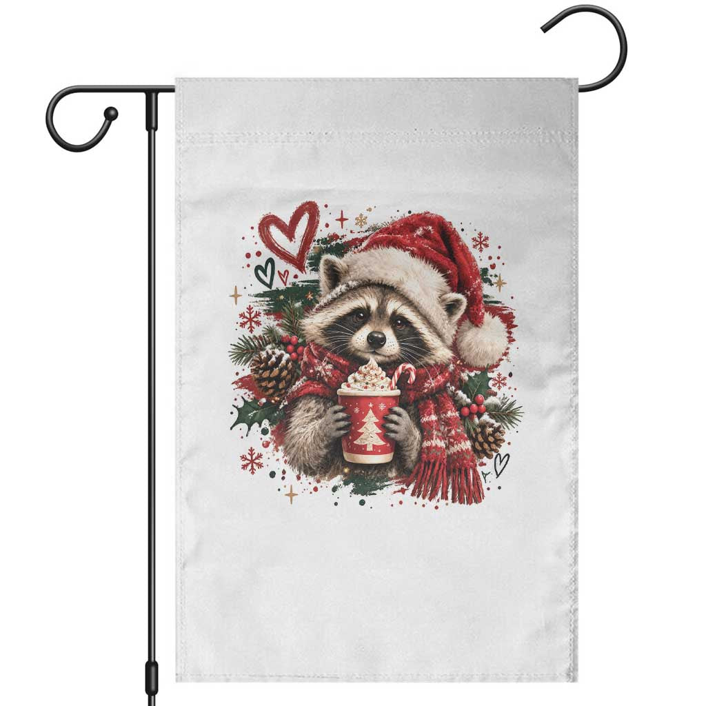 Cute Christmas Raccoon Garden Flag Trash Panda Hot Cocoa Cup Winter Holiday Animal Santa Hat