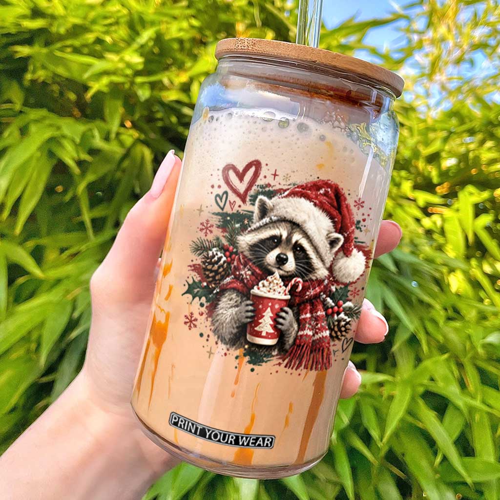 Cute Christmas Raccoon Glass Can Trash Panda Hot Cocoa Cup Winter Holiday Animal Santa Hat