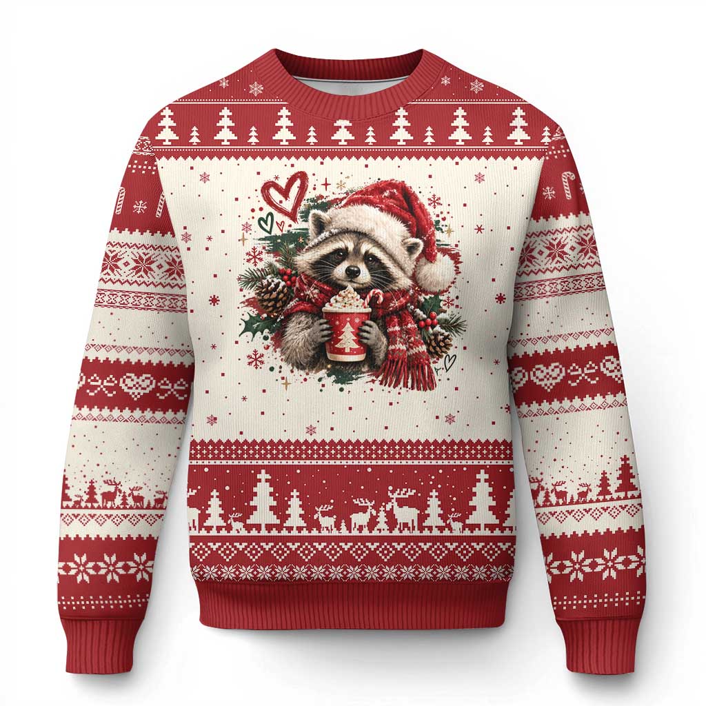 Cute Xmas Raccoon Ugly Christmas Sweater Trash Panda Hot Cocoa Cup Winter Holiday Animal Santa Hat