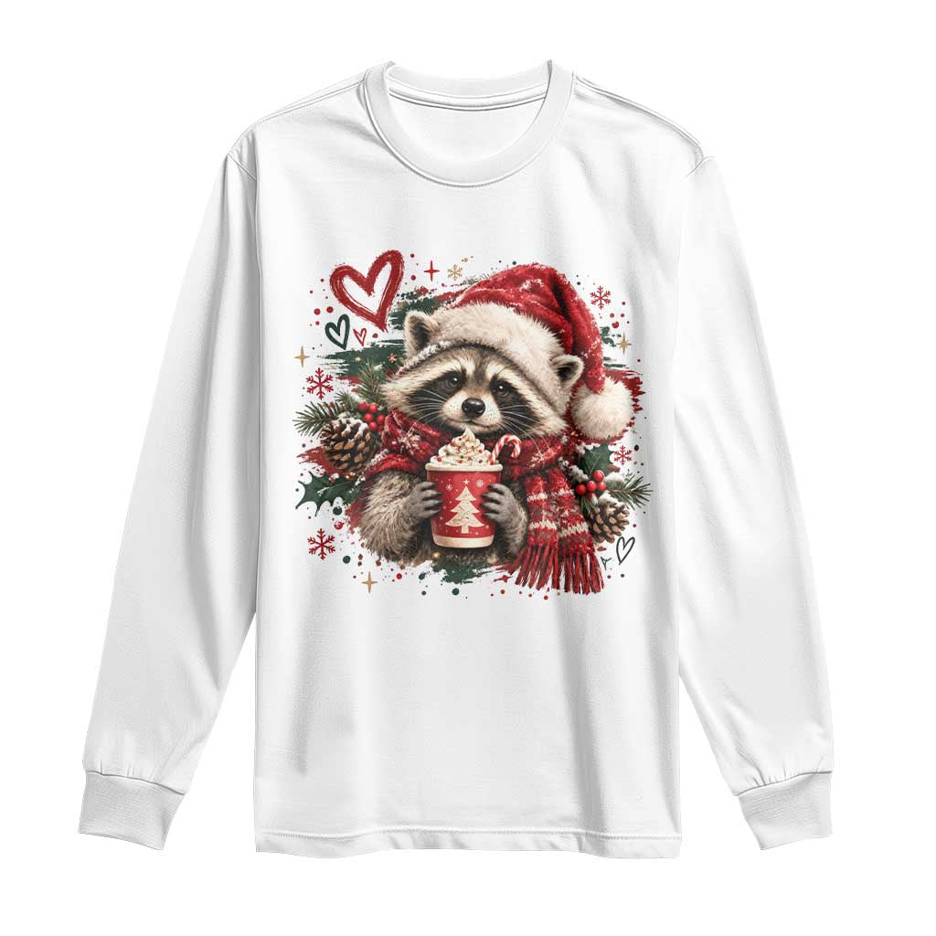 Cute Christmas Raccoon Long Sleeve Shirt Trash Panda Hot Cocoa Cup Winter Holiday Animal Santa Hat