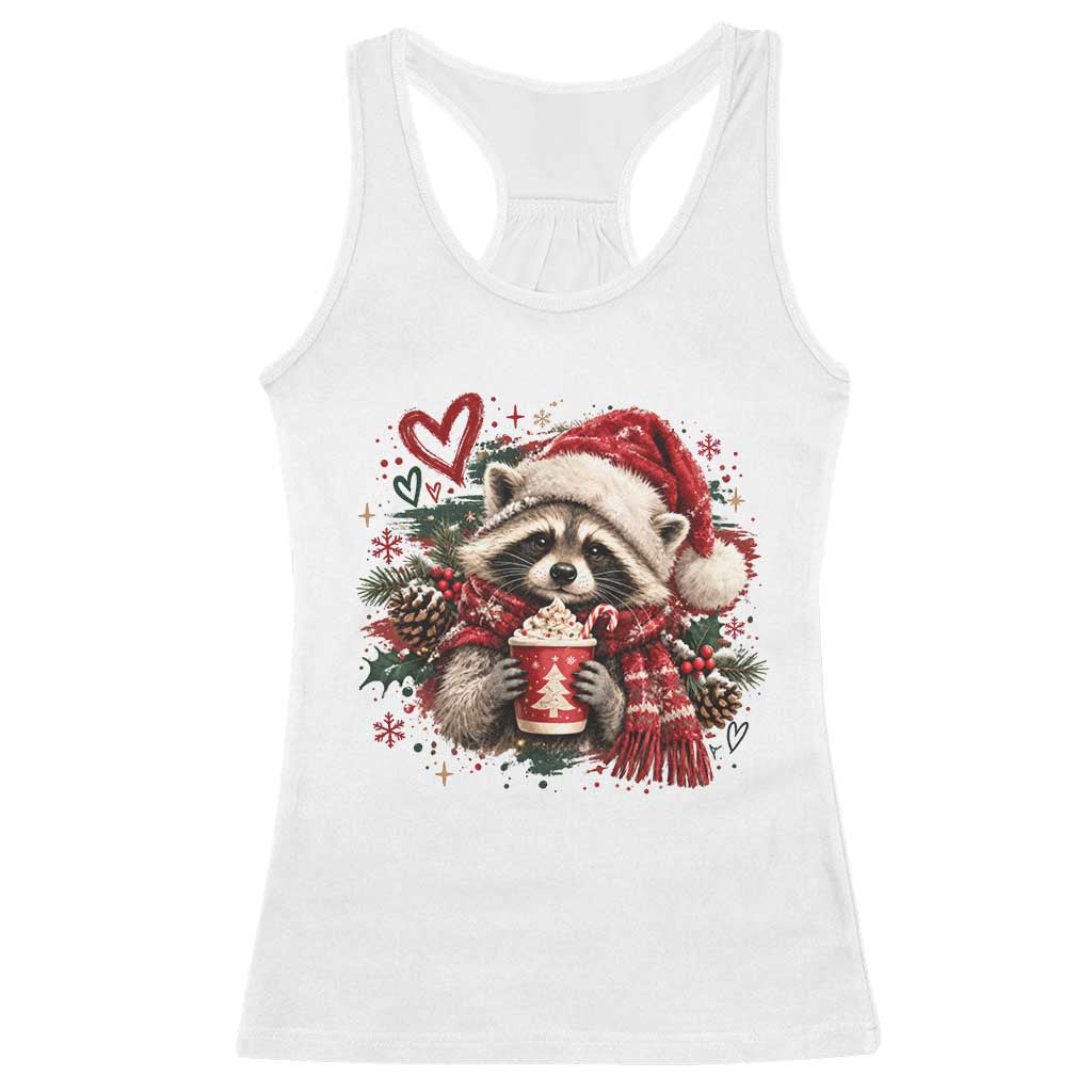 Cute Christmas Raccoon Racerback Tank Top Trash Panda Hot Cocoa Cup Winter Holiday Animal Santa Hat