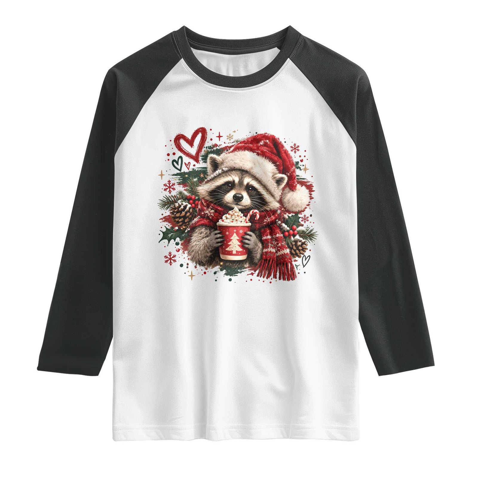 Cute Christmas Raccoon Raglan Shirt Trash Panda Hot Cocoa Cup Winter Holiday Animal Santa Hat