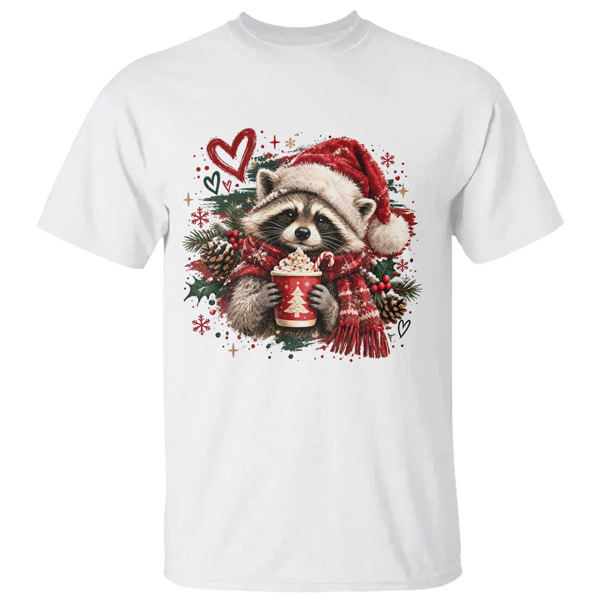 Cute Christmas Raccoon T Shirt Trash Panda Hot Cocoa Cup Winter Holiday Animal Santa Hat