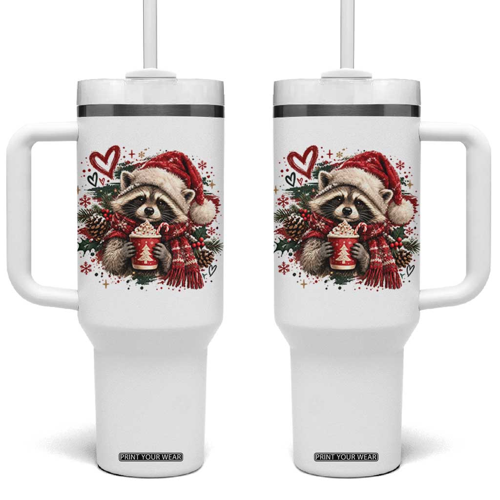 Cute Christmas Raccoon Tumbler With Handle Trash Panda Hot Cocoa Cup Winter Holiday Animal Santa Hat