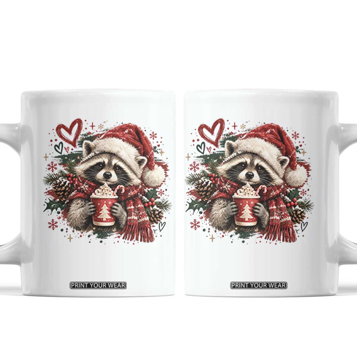 Cute Christmas Raccoon Coffee Mug Trash Panda Hot Cocoa Cup Winter Holiday Animal Santa Hat