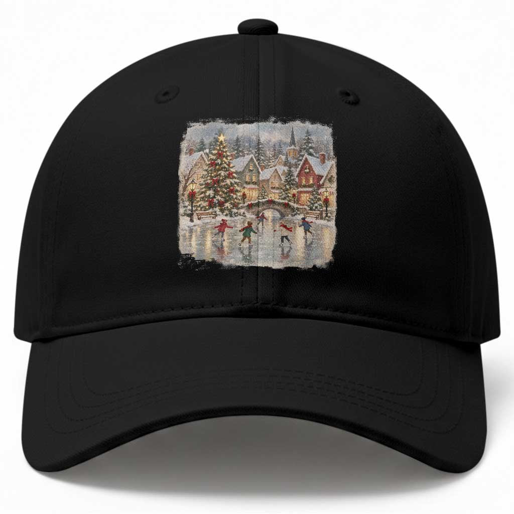 90s Vintage Christmas Village Ice Skating Baseball Cap Cozy Snowy Holiday Landscape Nostalgic Winter Town