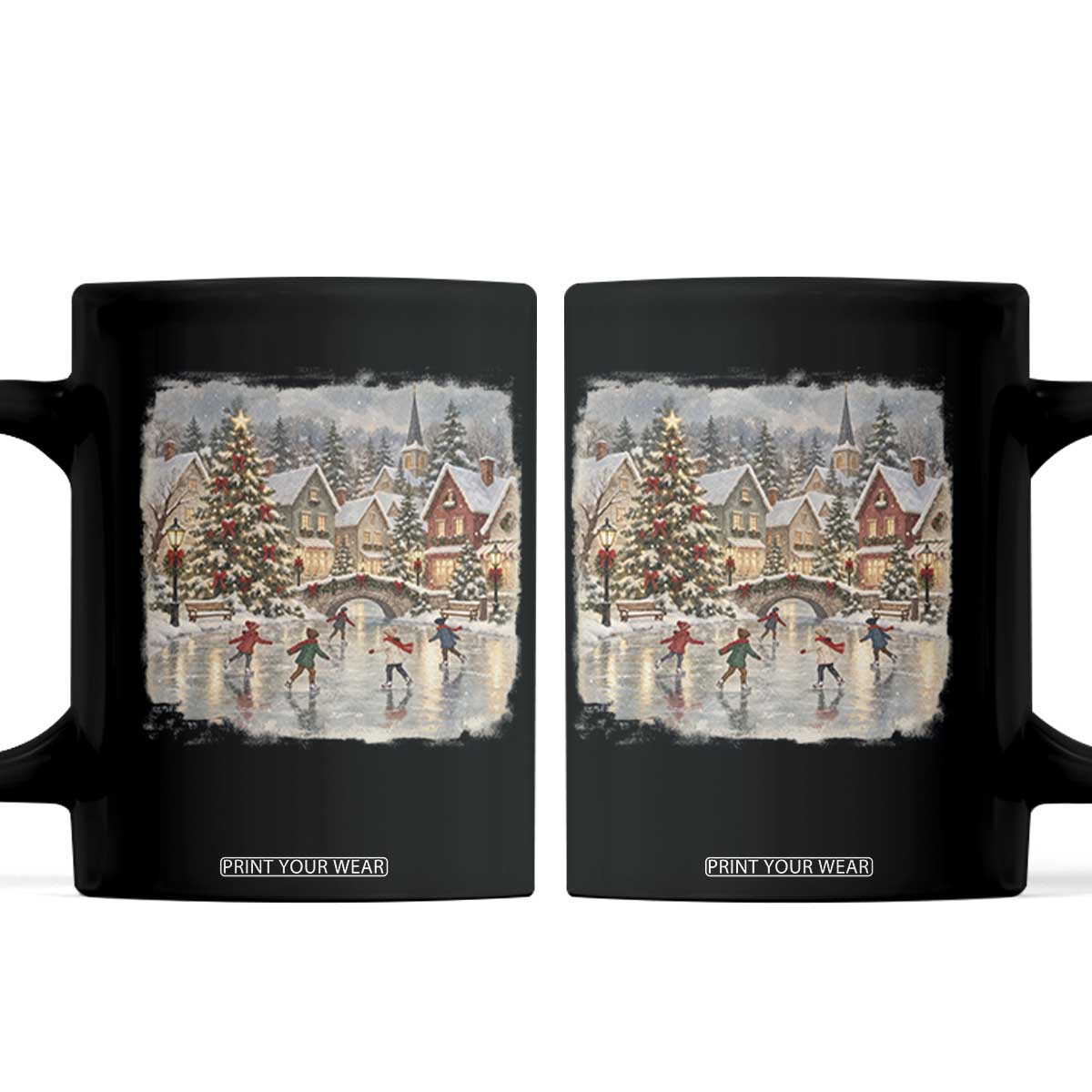 90s Vintage Christmas Village Ice Skating Coffee Mug Cozy Snowy Holiday Landscape Nostalgic Winter Town