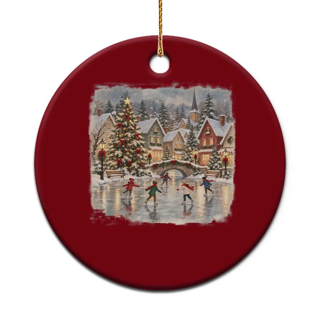 90s Vintage Christmas Village Ice Skating Ceramic Ornament Cozy Snowy Holiday Landscape Nostalgic Winter Town
